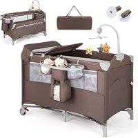 Gymax 5-in-1 Portable Bedside Crib On Wheels Folding Changing Table Playpen in Brown