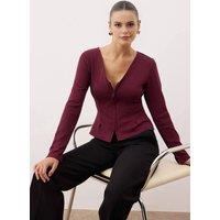 WOVCOR Women's V Neck Zip Front Regular Knit Blouse with Shaped Fit in Plum | Size: Small