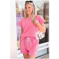 Everyday The Label Women's Sachet Pink Checkered Textured Tee & Drawstring Shorts in Baby Pink | Size: XL