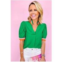 Everyday The Label Women's Bright Green Colorful Trim V Neck Short Sleeve Blouse | Size: Medium