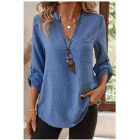 Everyday The Label Women's Ashleigh Blue Solid Color Notched V Neck Roll up 3/4 Sleeve Blouse in Pale Blue | Size: Large