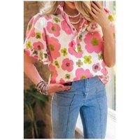 Everyday The Label Women's Pink Floral Ruffle Short Sleeve Striped Buttoned Collar Blouse | Size: Large