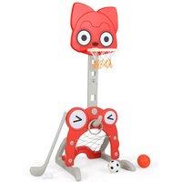Gymax 4-in-1 Basketball Hoop Toy Toddler Activity Center With Football Goal in Red