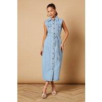 Oasis Women's Belted Waist Pocket Detail Midi Dress in Light Wash | Size: 14