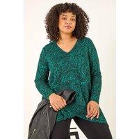 Roman Women's Curve Paisley Print V-Neck Stretch Top in Green | Size: 16