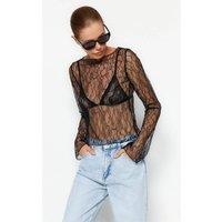 WOVCOR Women's Lace Sheer Long Sleeve Top in Black | Size: XL