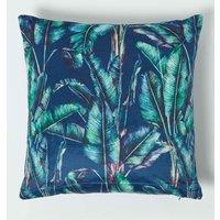Homescapes Navy Tropical Banana Leaf Velvet Cushion 46 x 46 cm in Teal