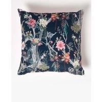 Homescapes Floral Garden Parrot Filled Velvet Cushion 46 x 46 cm in Navy