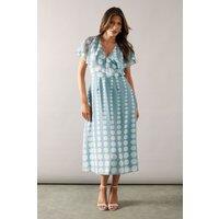 Wallis Women's Chiffon Polka Dot Border Cape Sleeve Midi Dress in Duck Egg | Size: 12