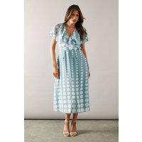 Wallis Women's Chiffon Polka Dot Border Cape Sleeve Midi Dress in Duck Egg | Size: 14