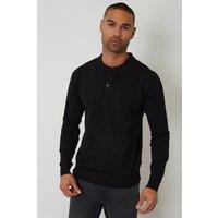 Threadbare Men's Knitted Long Sleeve Polo Jumper in Black | Size: Medium