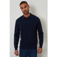 Threadbare Men's Cable Knit Long Sleeve Polo Jumper in Navy | Size: Large