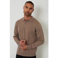 Threadbare Men's Cable Knit Long Sleeve Polo Jumper in Taupe | Size: XL