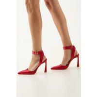 MissPap Women's Satin Embellished Buckle High Flared Stiletto Court Shoes in Red | Size: 5