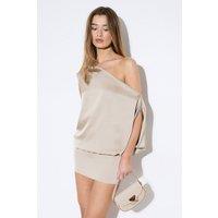 MissPap Women's Satin Off-Shoulder Asymmetric Bodycon Mini Dress in Champagne | Size: 14