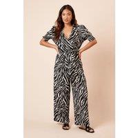 Dorothy Perkins Women's Petite Wrap Front Puff Sleeve Jumpsuit in Zebra | Size: 12