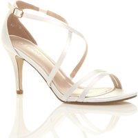 AJVANI Women's High Heel Crossed Straps Buckle Satin Heeled Sandals in White | Size: 8
