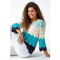 Roman Women's Colour Block Crochet Knit Jumper in Turquoise | Size: 18