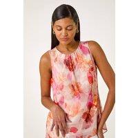 Roman Women's Floral Print Metallic Shell Top in Coral | Size: 20