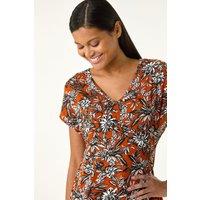 Roman Women's Printed V-Neck Banded Hem Top in Orange | Size: 20