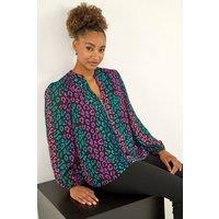 Roman Women's Animal Print Zip Front Top in Teal | Size: 10