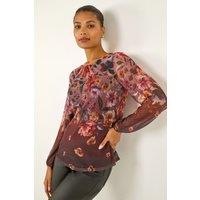 Roman Women's Floral Print Mesh Top in Chocolate | Size: 20