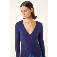 Roman Women's Ribbed Wrap Front Knit Top in Navy | Size: 10