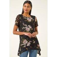Roman Women's Floral Print Lace Stretch Top in Black | Size: 14
