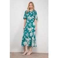 Oasis Women's Puff Sleeve Trim Detail Panelled Tea Dress in Green | Size: 10