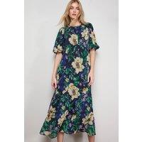 Oasis Women's Puff Sleeve Trim Detail Panelled Tea Dress in Navy | Size: 10