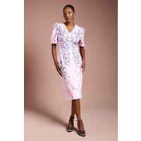 Coast Women's Puff Sleeve Floral Placement Print Structured Cotton Pencil Dress in Lilac | Size: 12