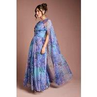 Coast Women's Pleated Mesh Printed Cape Maxi dress With Gemstone in Blue | Size: 10