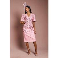 Coast Women's Petite Placement Print Puff Sleeve Cotton Midi Dress in Coral | Size: 8