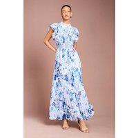 Coast Women's Frill Sleeve Contrast Collar Pleat Skirt Maxi Dress in Blue | Size: 8