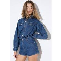 MissPap Women's Structured Shoulder Denim Playsuit in Mid Wash | Size: 14