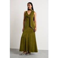 Warehouse Women's Plain Scarf Detail Tie Neck Maxi Dress in Olive | Size: 12