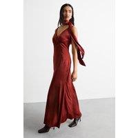 Warehouse Women's Plain Scarf Detail Tie Neck Maxi Dress in Rust | Size: 14