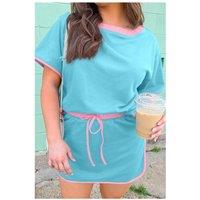 Everyday The Label Women's Turquoise Plus Size Contrast Trim T-Shirt & Skirt Two Piece Set | Size: XL