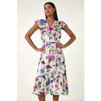 Roman Women's Floral Frill Wrap Midi Dress in White | Size: 16