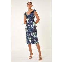Roman Women's Floral Print Bardot Stretch Midi Dress in Navy | Size: 20