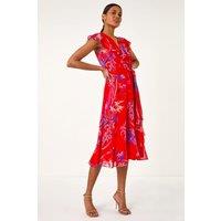 Roman Women's Floral Print Ruffle Wrap Front Midi Dress in Red | Size: 10