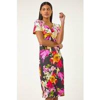 Roman Women's Floral Print Twist V-Neck Stretch Dress in Ivory | Size: 16