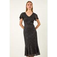 Roman Women's Sequin Lace Ruffle Midi Dress in Black | Size: 10