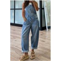Everyday The Label Women's Dusk Blue Adjustable Buckle Barrel Denim Overalls in Mid Blue | Size: Large