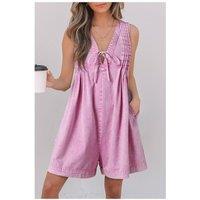 Everyday The Label Women's Bonbon Mineral Wash Pleated Bust V Neck Sleeveless Denim Romper in Bright Pink | Size: Large