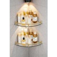 Living and Home 2Pcs Bathroom Glass Corner Shelf Wall Mounted Storage Rack in Gold