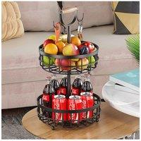 Living and Home 2-Tier Fruit Basket Storage Rack with Hangers & Wooden Handle in Black