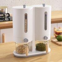 Living and Home 2-Grid Dry Food Dispenser Storage Container with Airtight Lids Measuring Cups Grain Cereal Bins in White