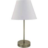 First Choice Lighting Antique Brass Stick Table Lamp with Ivory Off-White Fabric Shade in Bronze