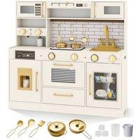 Costway Wooden Kids Play Kitchen Pretend Toy Kitchen Set w/ Stoves & Light in Beige